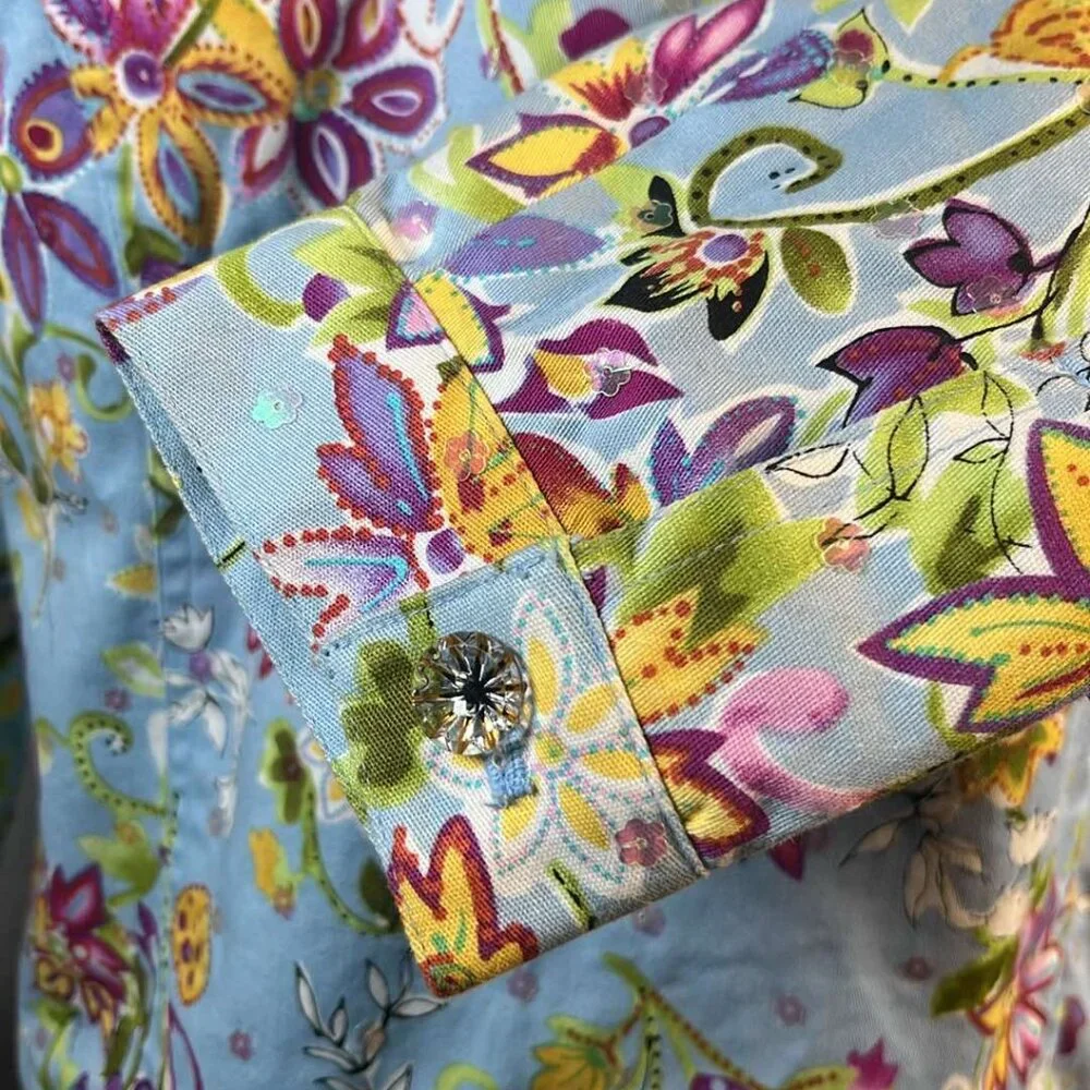 REDD Jeans Jacket Women's Sz 8 Blue Floral Iridescent Sequins Y2K Vtg Colorful A